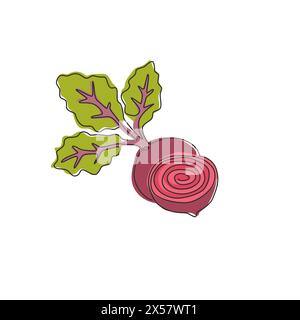 One single line drawing whole and half sliced healthy organic beetroot for farm logo identity. Fresh table beet concept vegetable icon. Modern continu Stock Vector