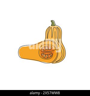 Single continuous line drawing of whole and sliced healthy organic butternut pumpkin for farm logo identity.Winter squash concept for vegetable icon. Stock Vector