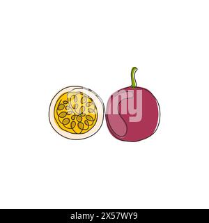 One continuous line drawing whole healthy organic passion fruit for orchard logo identity. Fresh summer fruits concept for fruit garden icon. Modern s Stock Vector