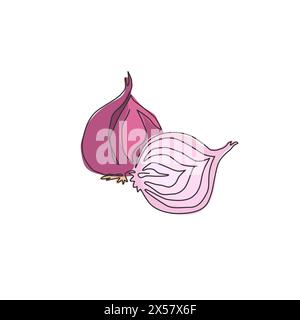One single line drawing whole and sliced healthy organic bulb onion for farm logo identity. Fresh common onion concept vegetable icon. Modern continuo Stock Vector