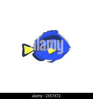 Single one line drawing of funny blue tang fish for aquatic company logo identity. Beauty surgeonfish mascot concept for aquarium show icon. Modern co Stock Vector