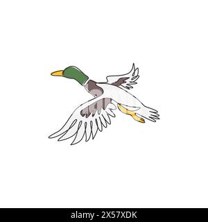 Single one line drawing of adorable flying mallard duck for company logo identity. Beauty duck mascot concept for animal husbandry icon. Modern contin Stock Vector