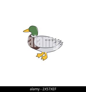 Single continuous line drawing of cute mallard for farm logo identity. Waterfowl duck mascot concept for animal livestock icon. Modern one line draw d Stock Vector