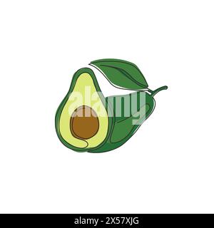 One continuous line drawing of whole healthy organic avocado fruit for orchard logo identity. Fresh tropical fruitage concept for fruit garden icon. M Stock Vector
