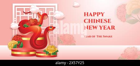 Happy Chinese New Year 2025 Podium round stage, Snake zodiac sign with peony flower illustration Stock Vector