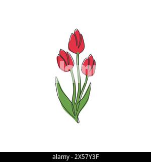 Single continuous line drawing of beauty fresh tulip for garden logo identity. Decorative Netherlands nationality flower concept for fashion textile. Stock Vector