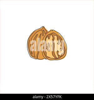 One continuous line drawing of whole healthy organic walnut food for plantation logo identity. Fresh nutshell concept for healthy seed icon. Modern si Stock Vector
