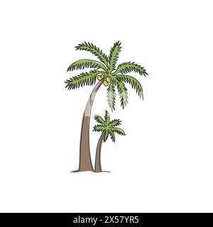 Single one line drawing of coconut tree. Decorative cocos nucifera, beach palm tree family concept for greeting hello summer post card. Modern continu Stock Vector