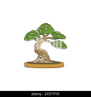 One continuous line drawing old beauty exotic little bonsai tree for home art wall decor poster print. Decorative ancient potted plant for plant shop Stock Vector