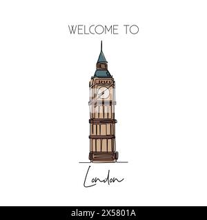 One continuous line drawing of welcome to Big Ben clock tower landmark. Beautiful iconic place in London. Home decor wall art poster print concept. Mo Stock Vector