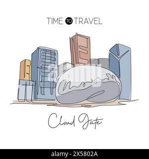 Depok, Indonesia - August 6, 2019: Single continuous line drawing Cloud Gate office building landmark. Beauty famous place in Chicago, USA. World trav Stock Vector