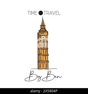 Single one line drawing Big Ben clock tower. Wall decor home art poster print of iconic place in London. Tourism and travel postcard concept. Modern c Stock Vector