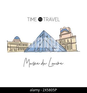 Depok, Indonesia - August 5, 2019: One continuous line drawing of welcome to Musee du Louvre or Louvre Museum. World iconic place in Paris, France. Wa Stock Vector