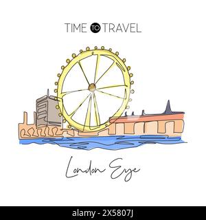 Depok, Indonesia - August 2, 2019: One single line drawing London Ferris Wheel landmark. World famous place in London, England. Tourism travel postcar Stock Vector