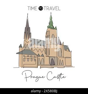 One single line drawing Prague Castle landmark. World famous iconic building in Czech Republic. Tourism travel postcard home wall decor poster concept Stock Vector