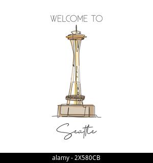 Depok, Indonesia - August 6, 2019: Single continuous line drawing Space Needle landmark. Beauty place in Seattle, Washington DC, USA. World travel wal Stock Vector
