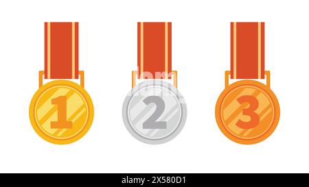 Three medals with numbers 1, 2 and 3. The medals are gold, silver and bronze Stock Vector