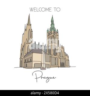 Single continuous line drawing Prague Castle landmark. Ancient castle in the world at Czech Republic. World travel home wall decor poster print concep Stock Vector