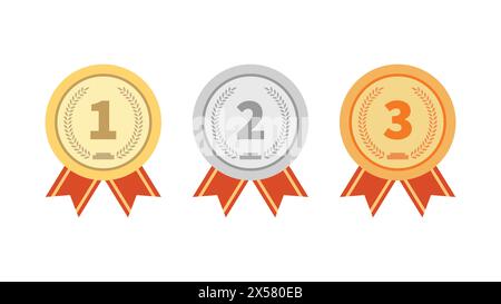 Three medals with red ribbons. gold, silver and bronze medals Stock Vector
