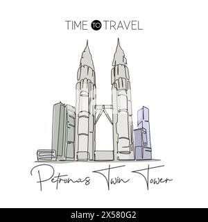 Depok, Indonesia - August 6, 2019: One single line drawing Petronas Twin Tower landmark. World famous place in Kuala Lumpur, Malaysia. Tourism travel Stock Vector