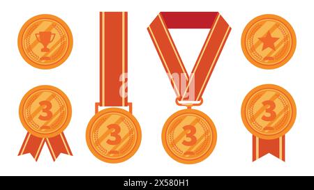 A set of bronze medals with red ribbons for third place winners Stock Vector