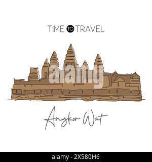 Single continuous line drawing Angkor Wat Temples landmark. Famous place in Siem Reap, Cambodia. World travel tour home art wall decor poster print. M Stock Vector