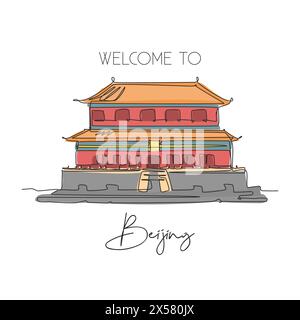 One continuous line drawing Forbidden City Palace landmark. World iconic place in Beijing, China. Holiday vacation home wall art decor poster print. M Stock Vector