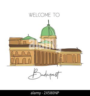 One single line drawing Buda Castle landmark. World famous iconic palace in Budapest Hungary. Tourism travel postcard wall decor poster print concept. Stock Vector