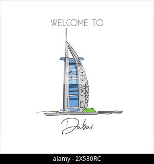 Depok, Indonesia - August 2, 2019: One single line drawing Burj Al Arab landmark. World iconic famous place in Dubai, UAE. Tourism travel postcard and Stock Vector