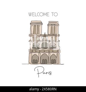 One single line drawing Notre-Dame landmark. World iconic famous place in Paris France. Tourism travel postcard wall home decor poster art print. Mode Stock Vector