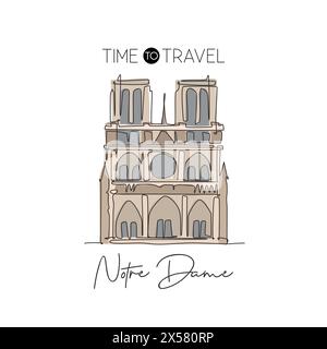 One continuous line drawing Notre Dame landmark. World iconic place in Paris, France. Holiday vacation home wall decor art poster print concept. Moder Stock Vector