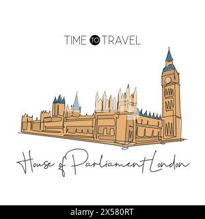 Single continuous line drawing house parliament London landmark. Famous place in England, United Kingdom. World travel home wall decor poster concept. Stock Vector