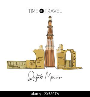 Single continuous line drawing Qutub Minar mosque landmark. Most beautiful famous place in Delhi, India. World travel wall decor poster print concept. Stock Vector