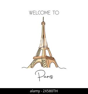 Single one line drawing of Eiffel Tower landmark wall decor poster. Iconic place in Paris, France. Tourism and travel greeting postcard concept. Moder Stock Vector