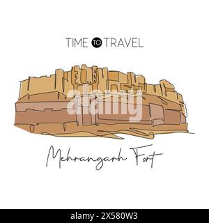 One single line drawing Mehrangarh Fort landmark. Famous historic place in Jodhpur India. Tourism travel home wall decor poster postcard concept. Mode Stock Vector