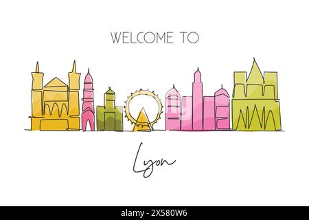 One continuous line drawing of Lyon city skyline, France. Beautiful skyscraper. World landscape tourism travel vacation wall decor poster concept. Sty Stock Vector
