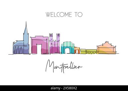 Single continuous line drawing of Montpellier city skyline, France. Famous skyscraper landscape. World travel home wall decor poster print art concept Stock Vector