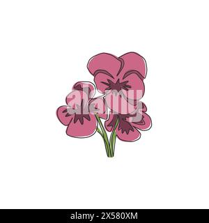 Single continuous line drawing of beauty fresh viola hybrid plant for wall art home decor poster. Printable decorative pansy flower for greeting card Stock Vector