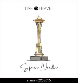 Depok, Indonesia - August 6, 2019: One continuous line drawing Space Needle landmark. World iconic place in Seattle, Washington DC, USA. Holiday vacat Stock Vector