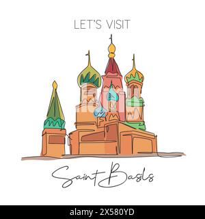 Single continuous line drawing Saint Basil's landmark. Beauty famous place in Moscow, Russia. World travel wall decor home art poster print concept. M Stock Vector