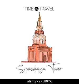 One continuous line drawing Spasskaya Tower landmark. World iconic place in Moscow Russia. Holiday vacation wall decor home art poster print concept. Stock Vector