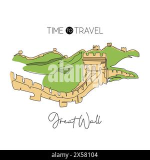 One continuous line drawing Great Wall of Badaling landmark. World famous place in Beijing, China. Holiday home decor wall art poster print concept. M Stock Vector