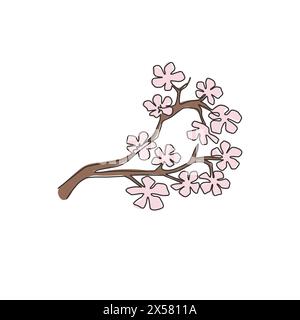 One continuous line drawing beauty fresh cherry blossom for garden logo. Printable decorative sakura flower for home wall decor art poster print. Mode Stock Vector