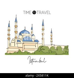 Single continuous line drawing Blue Mosque landmark. Beautiful famous place in Istanbul, Turkey. World travel home art wall decor poster print concept Stock Vector