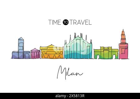 One continuous line drawing of Milan city skyline, Italy. Beautiful skyscraper. World landscape tourism travel vacation wall decor poster concept. Sty Stock Vector