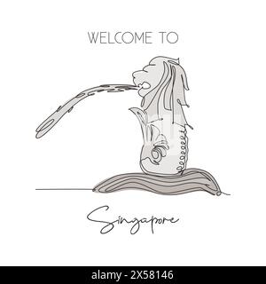 Depok, Indonesia-August 6, 2019: One continuous line drawing Merlion fountain landmark. World iconic place in Singapore. Holiday vacation home wall de Stock Vector