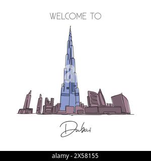 One continuous line drawing Burj Khalifa Tower landmark. World iconic place in Dubai, UAE. Holiday vacation home wall decor art poster print concept. Stock Vector