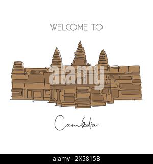 One continuous line drawing Angkor Wat Temples landmark. Iconic place in Siem Reap, Cambodia. Holiday vacation wall decor home art poster concept. Mod Stock Vector