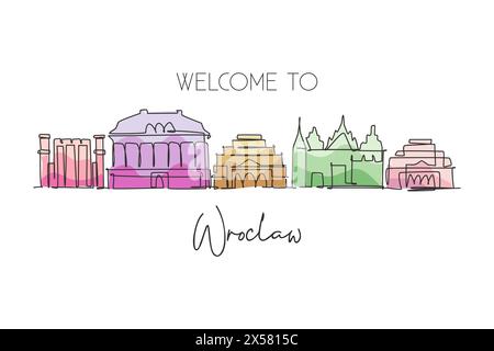 One continuous line drawing of Wroclaw city skyline Poland. Beautiful skyscraper. World landscape tourism travel vacation wall decor poster concept. S Stock Vector