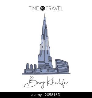 One single line drawing Burj Khalifa Tower landmark. World famous place in Dubai, UAE. Tourism and travel postcard home art wall decor poster print co Stock Vector